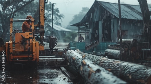 A person in an orange raincoat operates a yellow forklift at a rainy logging site. photo