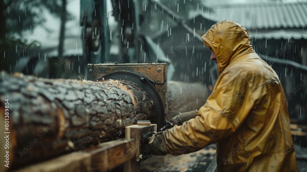 A worker in a yellow raincoat operates a machinery to cut a log in the rain at a lumber yard. A worker in a yellow raincoat operates a machinery to cut a log in the rain at a lumber yard.