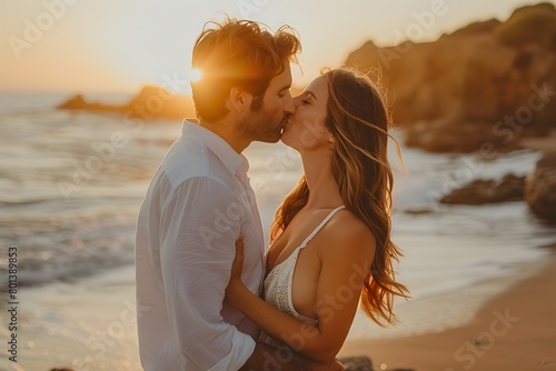Passionate Embrace at Sunset A Couple s Romantic Beachside Moment Captured in Soft Dreamy Hues © vanilnilnilla