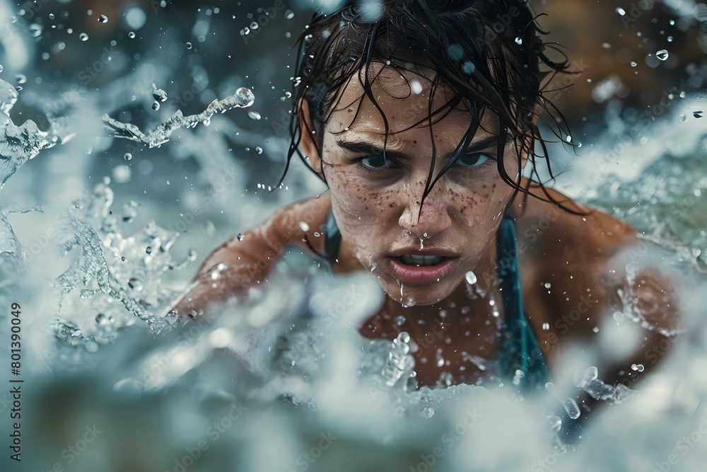 Young Woman Navigating Raging White Water Rapids with Fearful Thrilling Expression Young Woman Navigating Raging White Water Rapids with Fearful Thrilling Expression