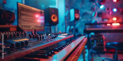 Creative Music Production Studio with Vibrant Neon Lighting and Advanced Sound Mixing Equipment for Capturing Professional Audio Recordings and Live