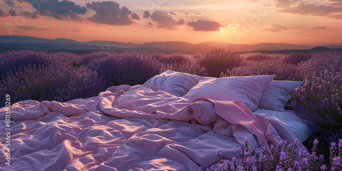 Cozy bed in lavender field scene with dramatic cloudy sky 