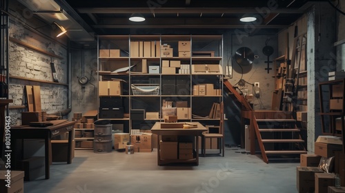 Interior of a dimly lit storage room filled with numerous boxes and assorted furniture. photo