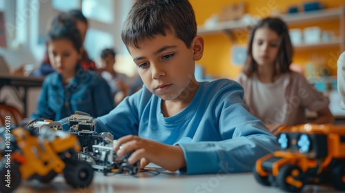Focused young boy assembling a robot in a classroom with other students working in the background.