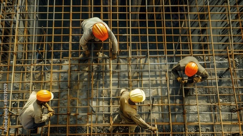 Four construction workers in safety gear are tying rebar at a construction site, viewed from above.