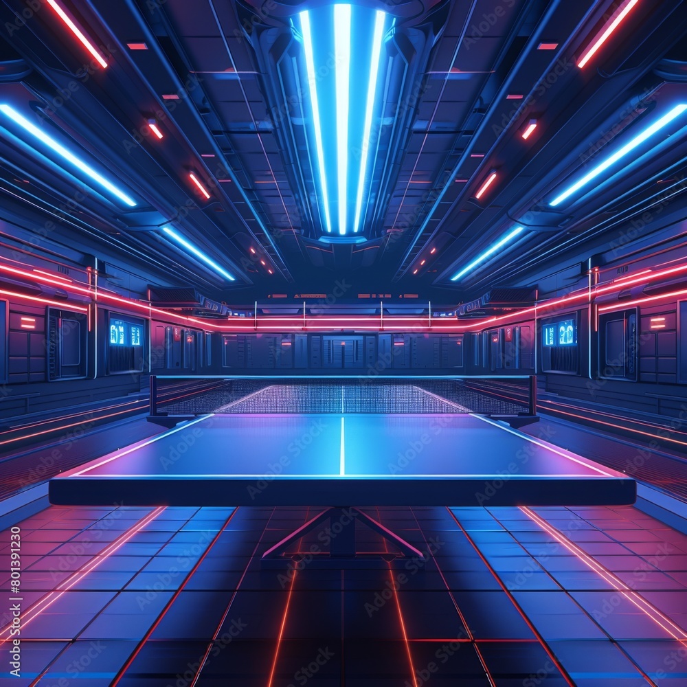 Futuristic vector illustration of a ping-pong arena, with advanced technology and sleek design elements. Dynamic angles and futuristic lighting effects add a sense of innovation