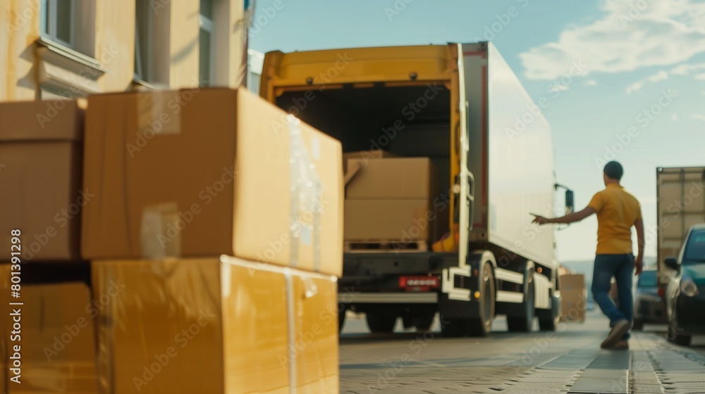 Naklejka premium A worker unloading boxes from a delivery truck in a sunny outdoor setting.