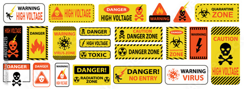  Danger sign collection, Warning Symbol set.,Atomic Danger Icon, Nuclear Radiation Icon, Toxic icons .Vector Illustration
