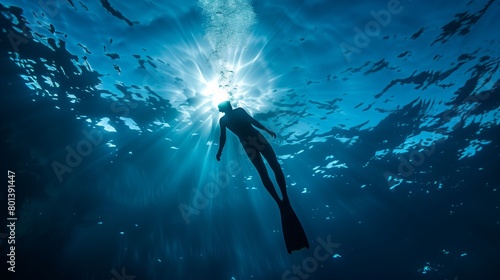 Silhouette of a diver descending into deep ocean with streams of sunlight piercing through water. photo