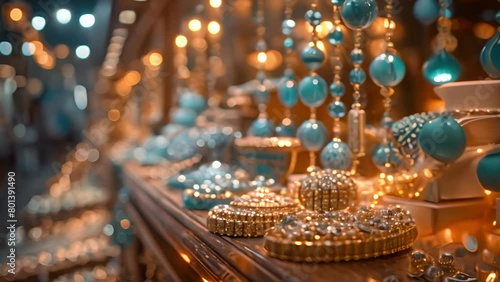 This table covered in an array of blue and gold jewelry pieces. Table Adorned With Blue and Gold Jewelry photo