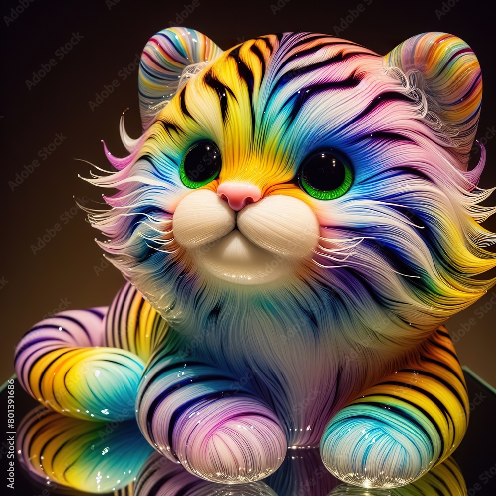 A stunning blown glass sculpture of a playful, fluffy Tiger with seamlessly blended rainbow colors swirling through its fur A stunning blown glass sculpture of a playful, fluffy Tiger with seamlessly blended rainbow colors swirling through its fur