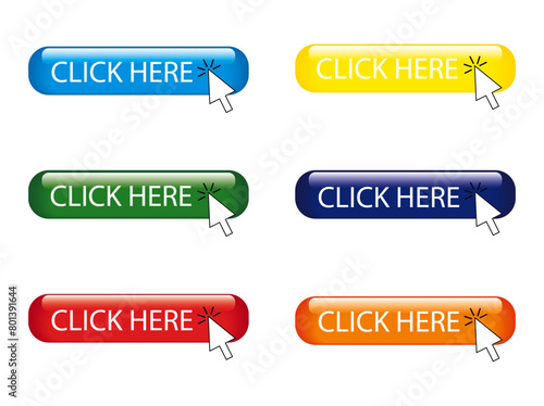 Click here colorful buttons with arrow pointer clicking icon. Set of 3d glossy call to action buttons with "click here" text, perfect for web design, vector illustration on a transparent background
