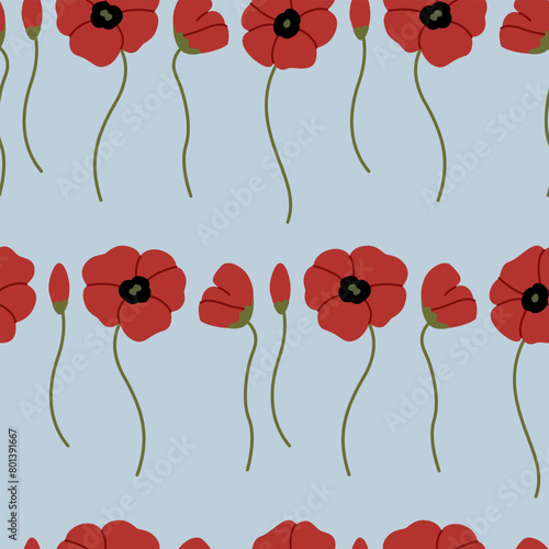 Seamless pattern with poppy flowers. Vector flat botanical background. Border with red flowers