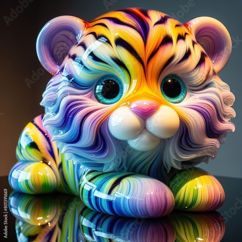 A stunning blown glass sculpture of a playful  fluffy Tiger with seamlessly blended rainbow colors swirling through its fur