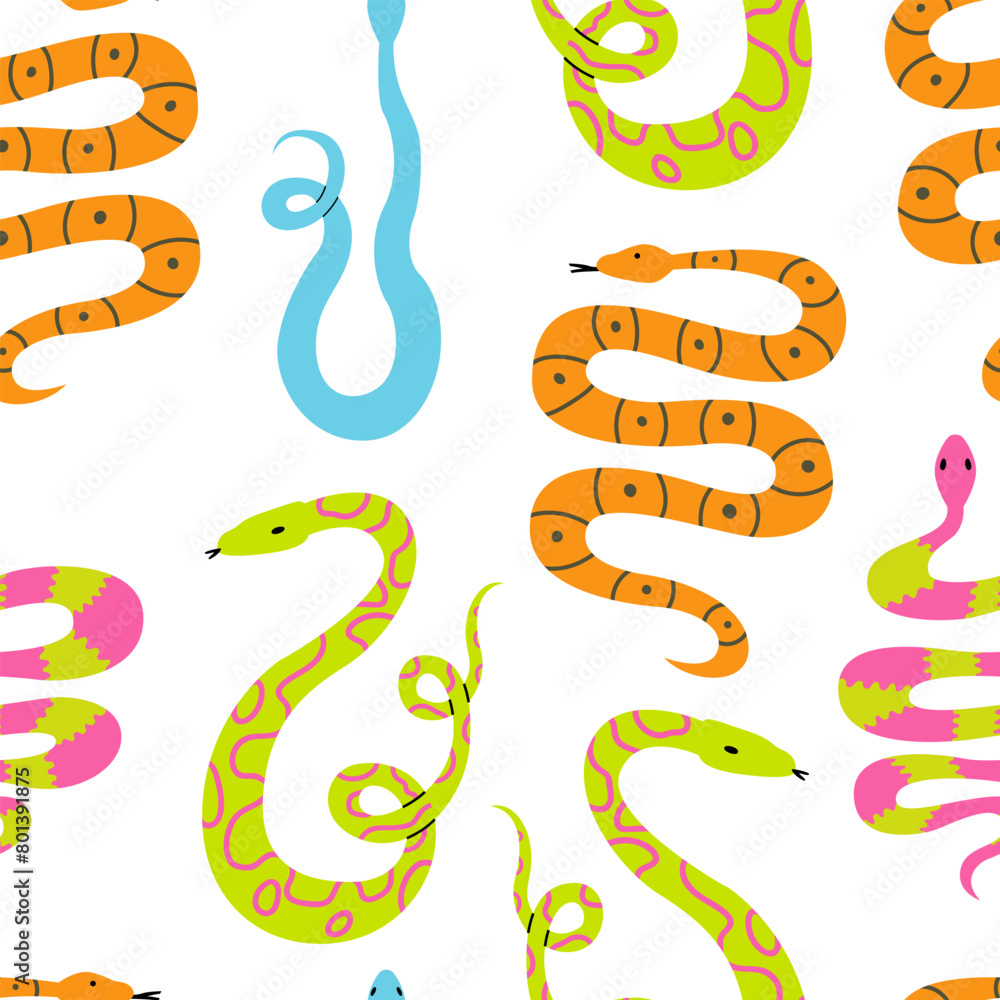 Obraz premium Colorful seamless pattern with cute various snakes. Vector flat funky background