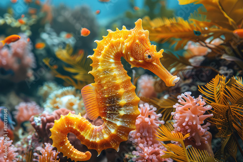A yellow seahorse is swimming in the sea. Created with Ai © studio
