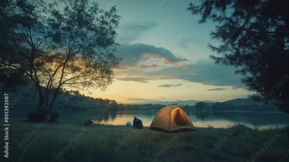 Tent by the lake in a beautiful landscape, evening time. Camping scene with tent on beautiful mountains and lake. 
Golden sunrise illuminating tent camping dramatic mountain landscape.