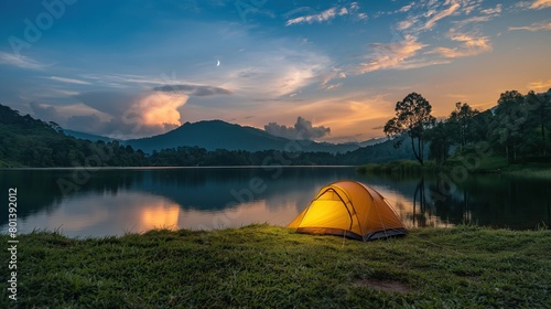 Fototapeta Naklejka Na Ścianę i Meble -  Tent by the lake in a beautiful landscape, evening time. Camping scene with tent on beautiful mountains and lake. 
Golden sunrise illuminating tent camping dramatic mountain landscape.