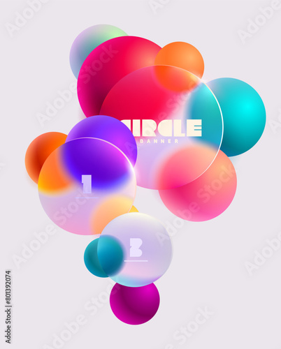 3D colorful circles and balls in glass morphism style. Transparent geometric shapes on white background.