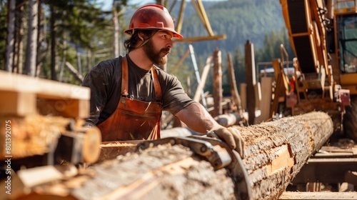 Focused lumberjack with a beard wearing a hardhat inspects logs at a sawmill, with machinery in the background.
