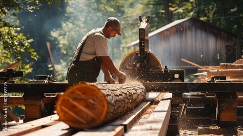 Focused lumberjack cutting a large log with a bandsaw at a sawmill, surrounded by sawdust and sunlight filtering through trees. photo