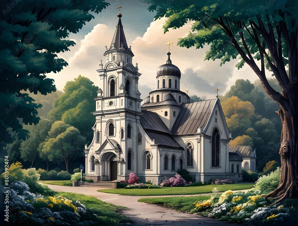 An illustration of a serene church surrounded by colorful nature evokes tranquility An illustration of a serene church surrounded by colorful nature evokes tranquility
