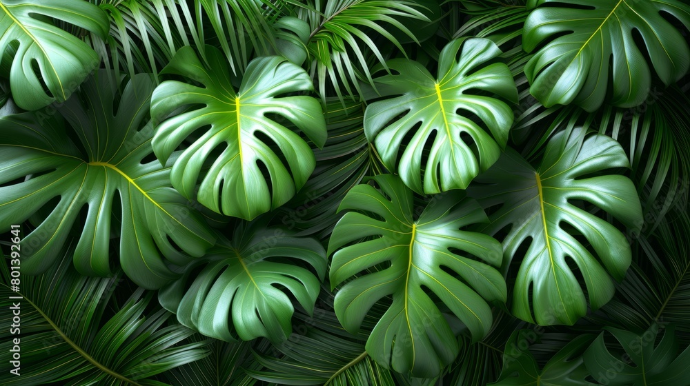 Tropical jungle Monstera plant leaves. Jungle wall background. Green tropical palm leaves with monstera foliage forest Tropical jungle Monstera plant leaves. Jungle wall background. Green tropical palm leaves with monstera foliage forest