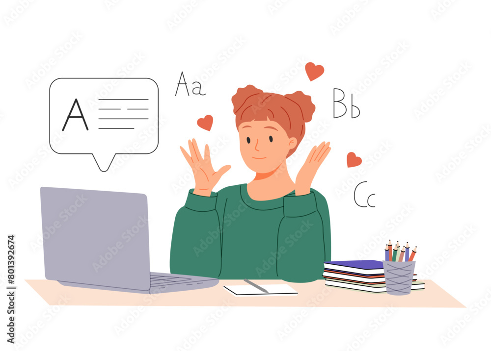 Woman student studies English language. Online education concept. Flat vector illustration