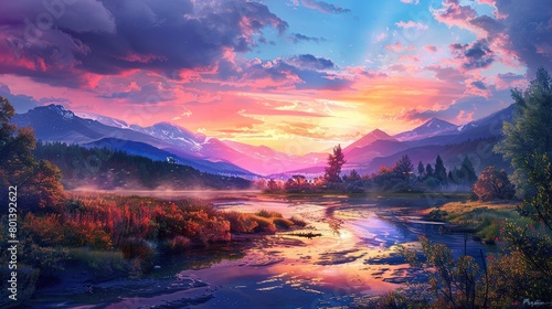 a sunset over a lake in the mountains. The sky is a gradient of purple, pink, and yellow, and the sun is setting behind the mountains. 