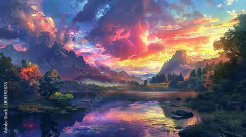 a sunset over a lake in the mountains. The sky is a gradient of purple  pink  and yellow  and the sun is setting behind the mountains. 