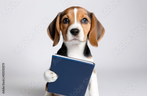 Funny beagle puppy holding a book in his paws on a white background