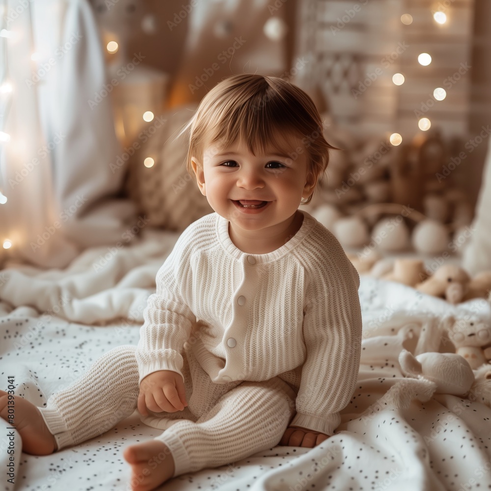 Fototapeta premium A cute baby boy in winter white pyjamas in beige room.