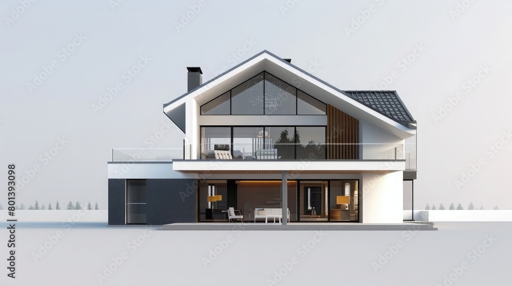 Describe an illustration featuring a sleek modern house presented in 3D against a white backdrop