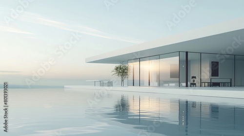 Describe an illustration featuring a 3D rendering of a sleek and modern minimalist house set against a pristine white background © Ammar