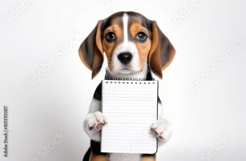 Funny beagle puppy holding an open notepad in his paws on a white background, space for text