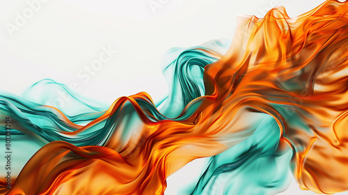 A realistic photo-quality image depicting tidal waves in burnt orange and teal, swirling dramatically against a white background, captured in ultra high-definition.