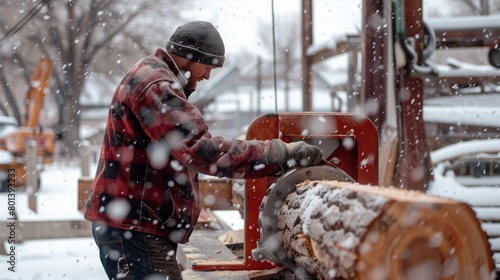 A man in a red and black plaid jacket operates a wood chipper in a snowy environment. photo