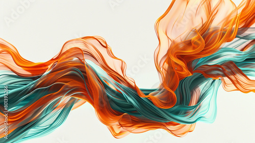 A realistic photo-quality image depicting tidal waves in burnt orange and teal, swirling dramatically against a white background.