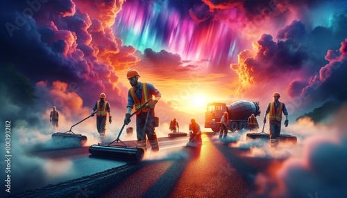 Road Workers Under Northern Lights at Sunset photo