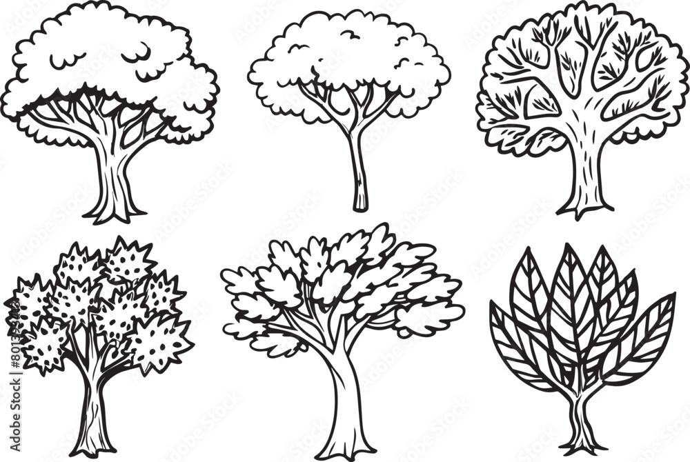 Set of trees. Black and white vector illustration for coloring book.