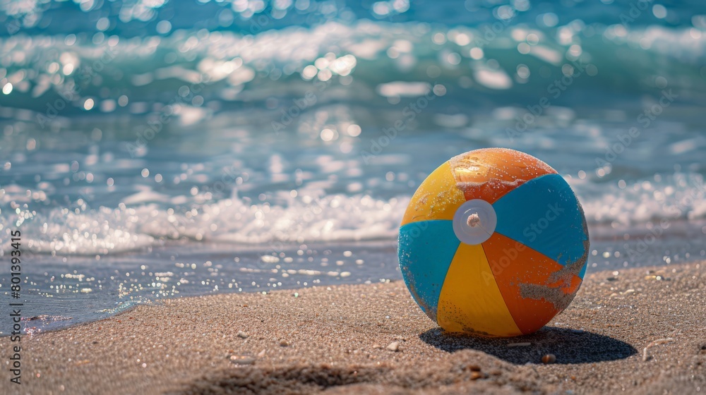 Colorful beach ball sits at waterfront awaiting summer fun
