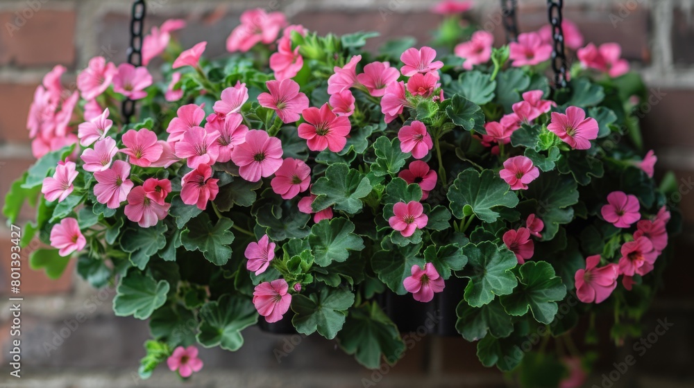 Marvel at the captivating beauty of Pelargonium peltatum with an image that highlights the plant's lush foliage and vibrant blooms cascading from a hanging basket or trailing gracefully over a garden