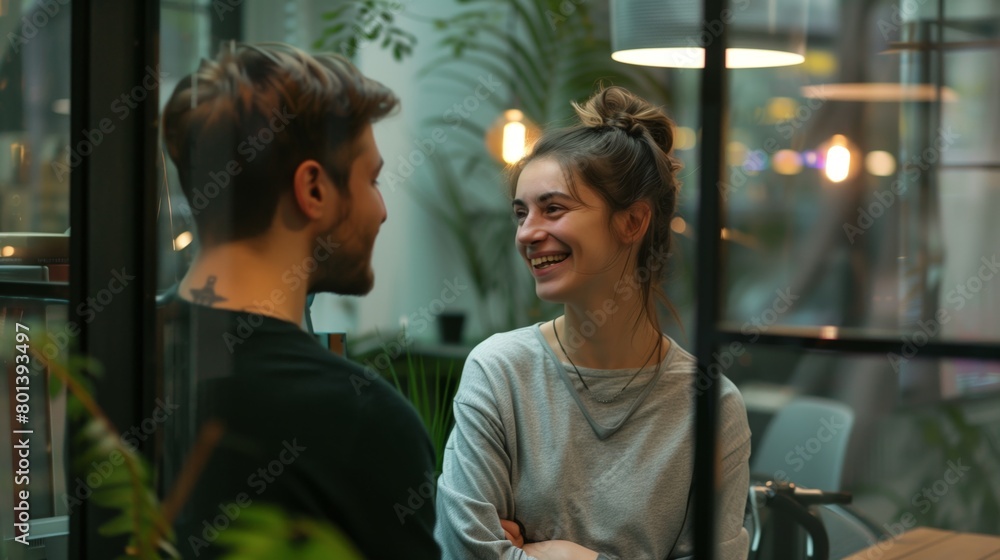 A young couple enjoying a happy conversation in a cozy cafe setting with lush greenery.