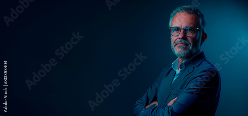 photograph of a high-level executive, a leading company worldwide. Blue studio background. copy space. space por text
