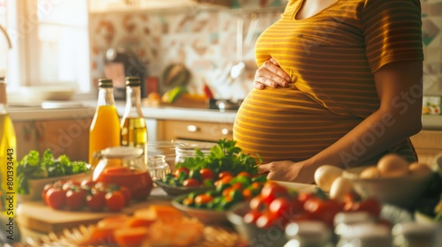 Pregnant woman engaging in healthy cooking, focusing on nutrition for prenatal wellness. photo