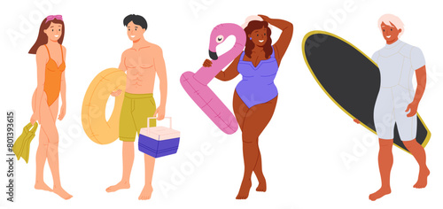 Collection of people performing summer outdoor activities at beach - sunbathing, walking, carrying surfboard, swimming.