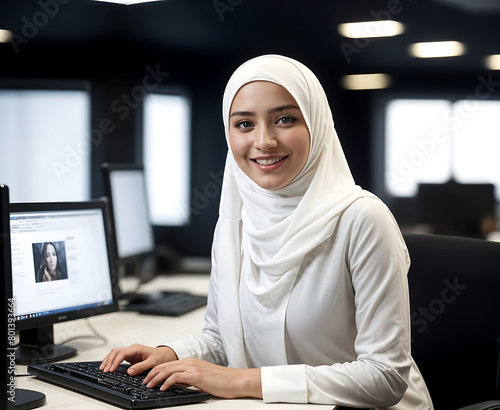 A happy smiling muslim young Arabic women in hijab working in an office