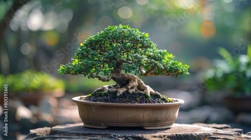 Marvel at the timeless beauty of bonsai trees with an image featuring a breathtaking specimen gracing the tranquil landscapes of public gardens, its miniature form and delicate 