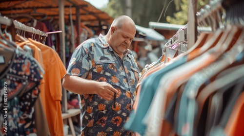 A bald, overweight man shopping for shirts at an outdoor market, inspecting a garment. photo