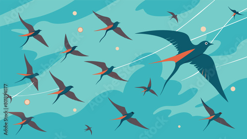 A flock of birds soaring through the sky representing the swift and efficient communication between neurons through synapses..